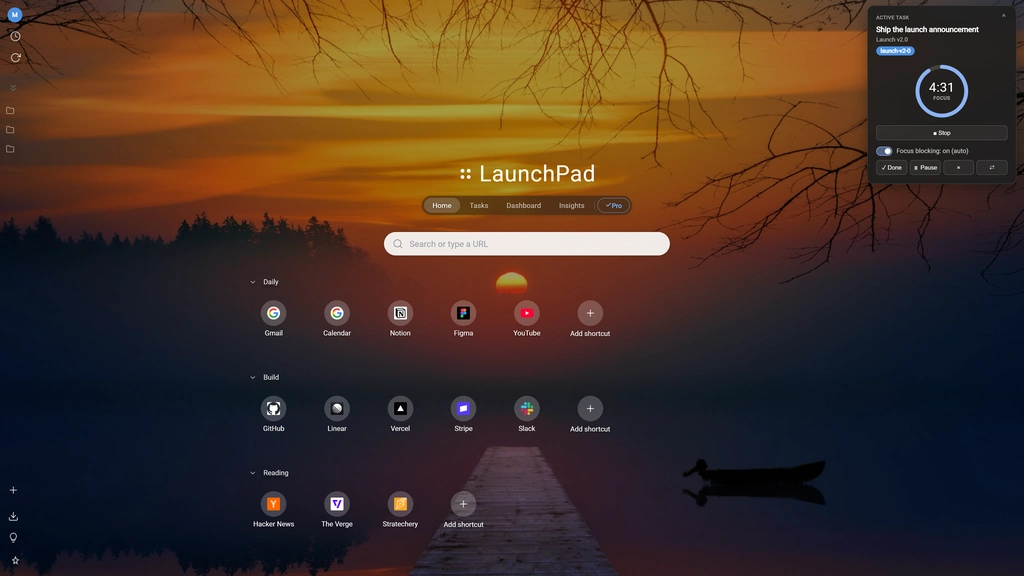 The LaunchPad new tab: shortcuts sorted into Daily, Build and Reading groups over a sunset wallpaper, with a search bar above them and a focus session counting down in the top corner.