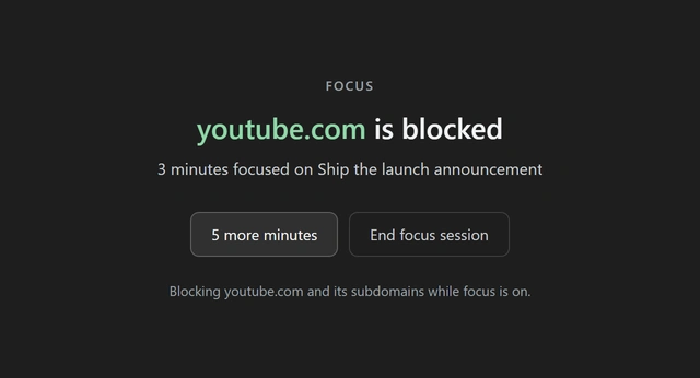 The focus blocking page: a mostly empty dark screen reading "youtube.com is blocked" in soft green, with the line "3 minutes focused on Ship the launch announcement" and two buttons, 5 more minutes and End focus session.